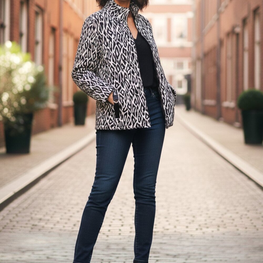 Rafael Black & White Geometric Textured Zip-Up Jacket